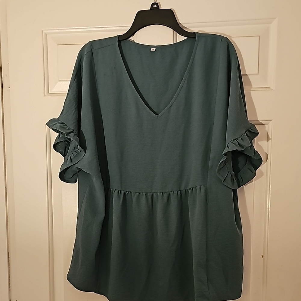 Green V-neck Blouse with Flutter Sleeves and Ruffled Details